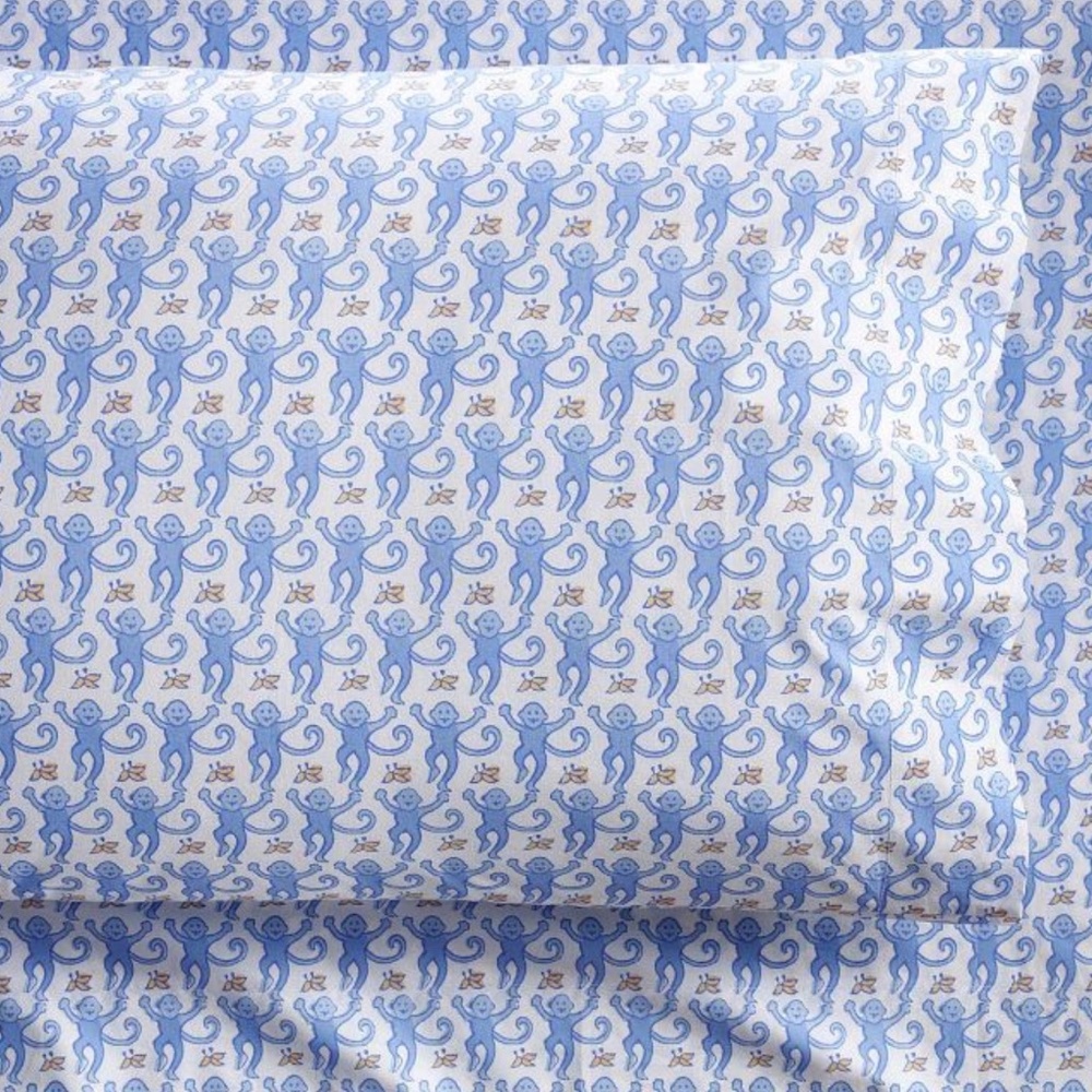 Potterybarn Roller Rabbit Monkey Organic Sheet Set Blue Twin XL